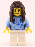 LEGO cty0710 Pizza Van Customer Female, Bright Light Blue Hoodie with Swirl Flower Pattern, Dark Brown Hair