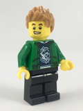 LEGO cty0920 Hiker, Male, Green Jacket over Raccoon Shirt, Black Legs, Medium Dark Flesh Spiked Hair