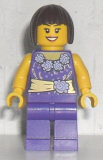 LEGO hol053 Female Dark Purple Blouse with Gold Sash and Flowers Pattern, Dark Purple Legs, Dark Brown Bob Cut Hair