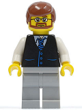 LEGO twn048 Black Vest with Blue Striped Tie, Light Bluish Gray Legs, White Arms, Reddish Brown Male Hair, Beard and Glasses