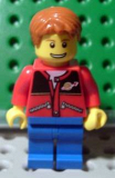 LEGO twn097 Red Jacket with Zipper Pockets and Classic Space Logo, Blue Legs, Dark Orange Short Tousled Hair